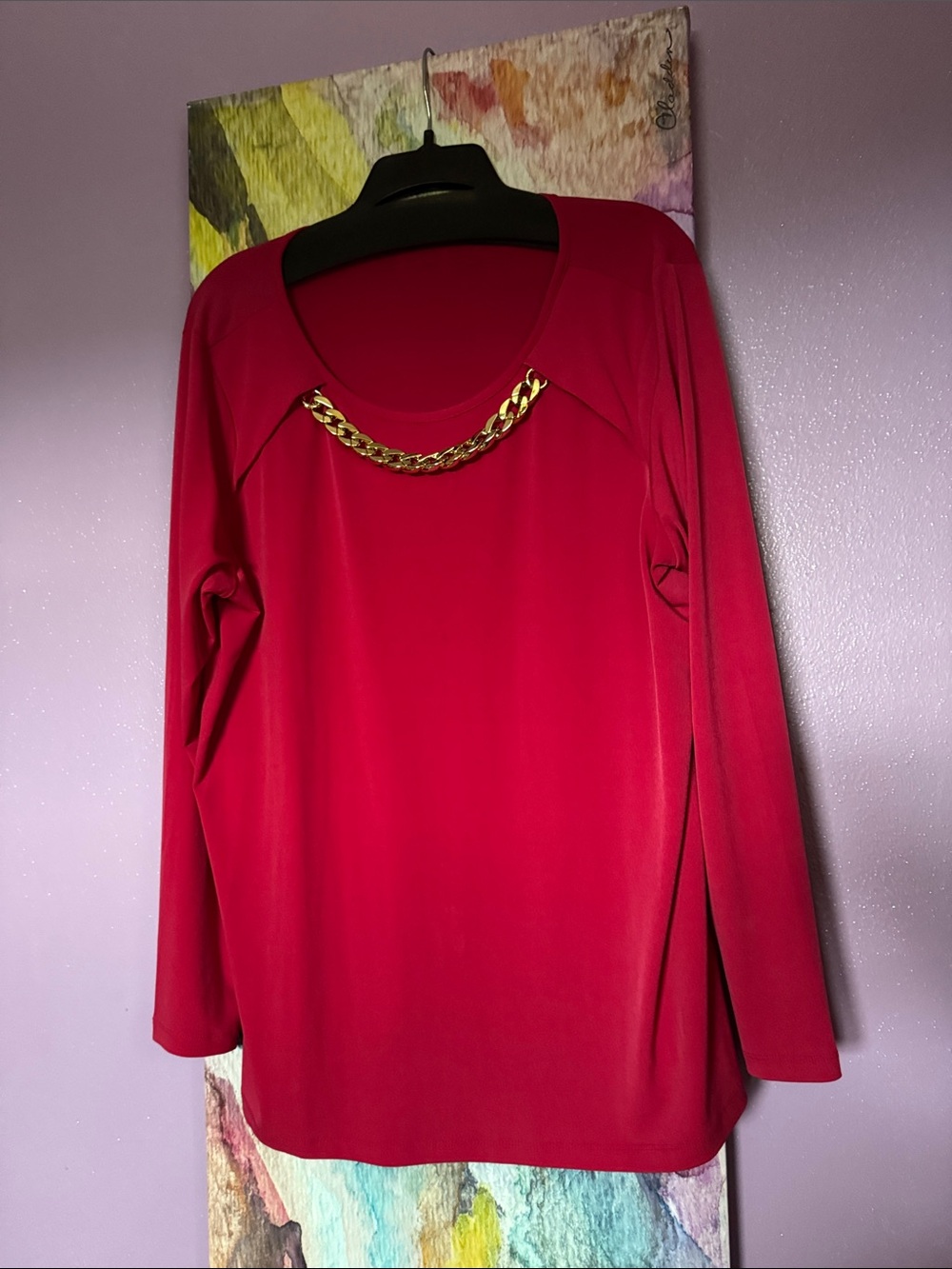 Susan Graver Red Long-Sleeve Top with Gold Chain Detail XL